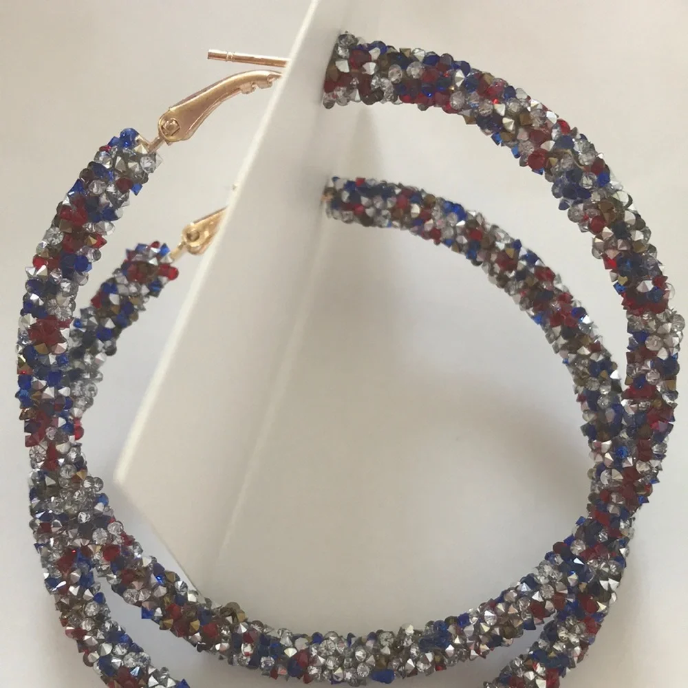 Red Silver & Blue Glitter Hoop Earrings - Picture 2 of 5
